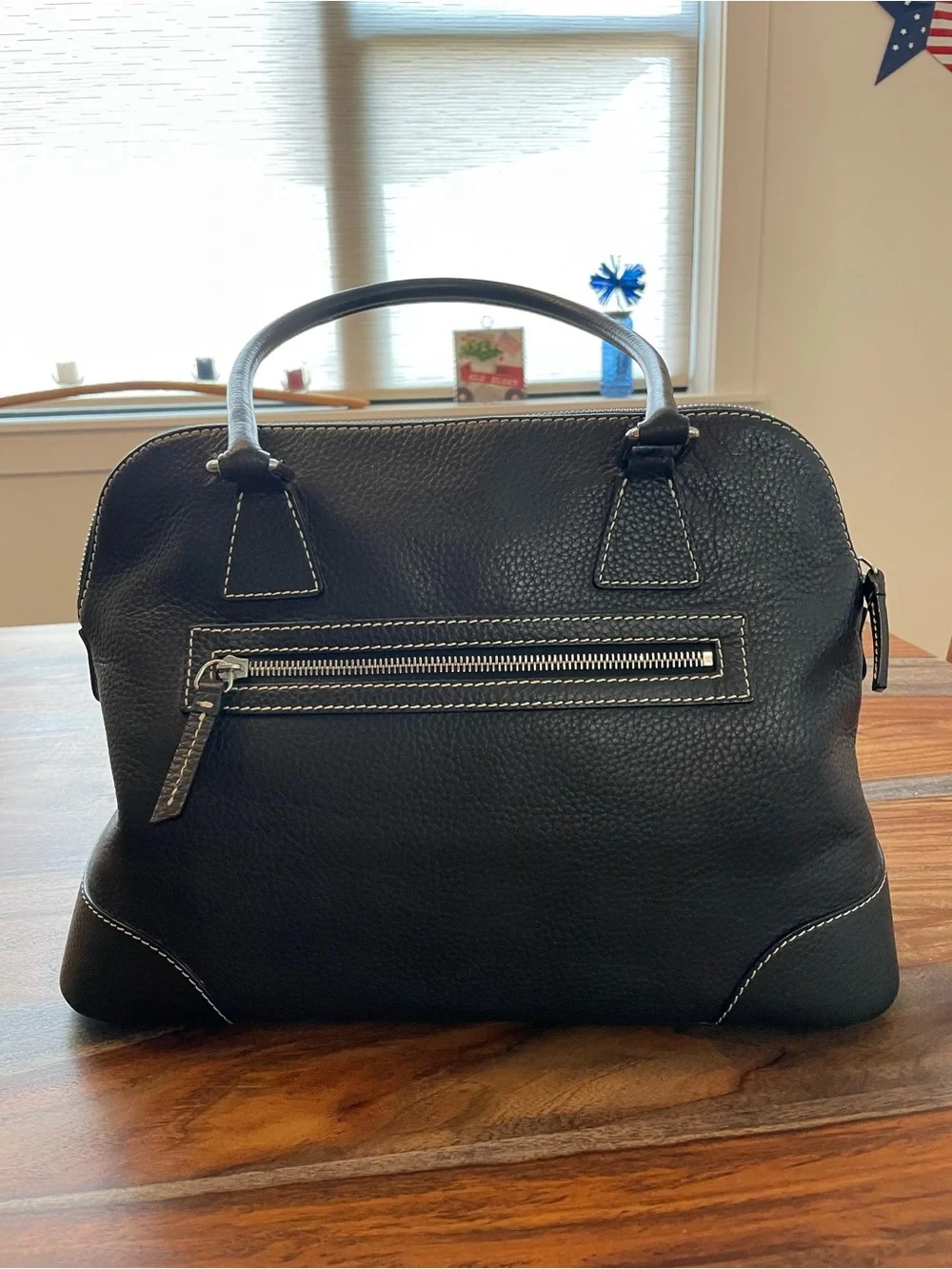 Dooney & Bourke Black Pebbled Leather Satchel with Logo Emblem